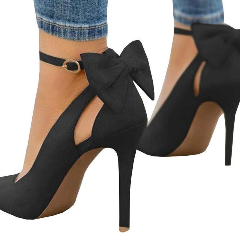 Women’s 7 Black Pointed Toe High Heels Ankle Strap Bow Pumps